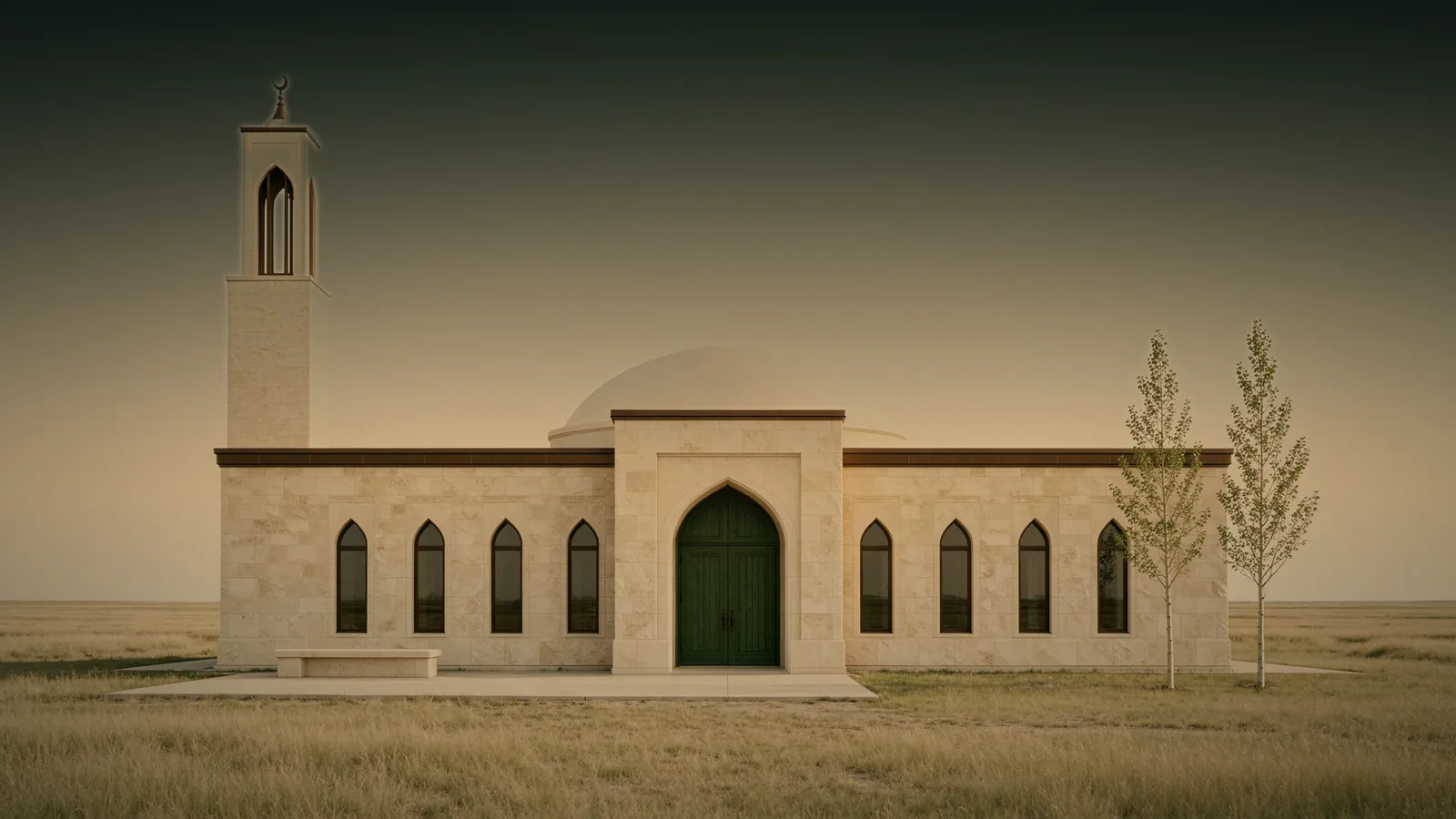 The centre seen from the prairie at dusk, its minaret and dome against a darkening sky.