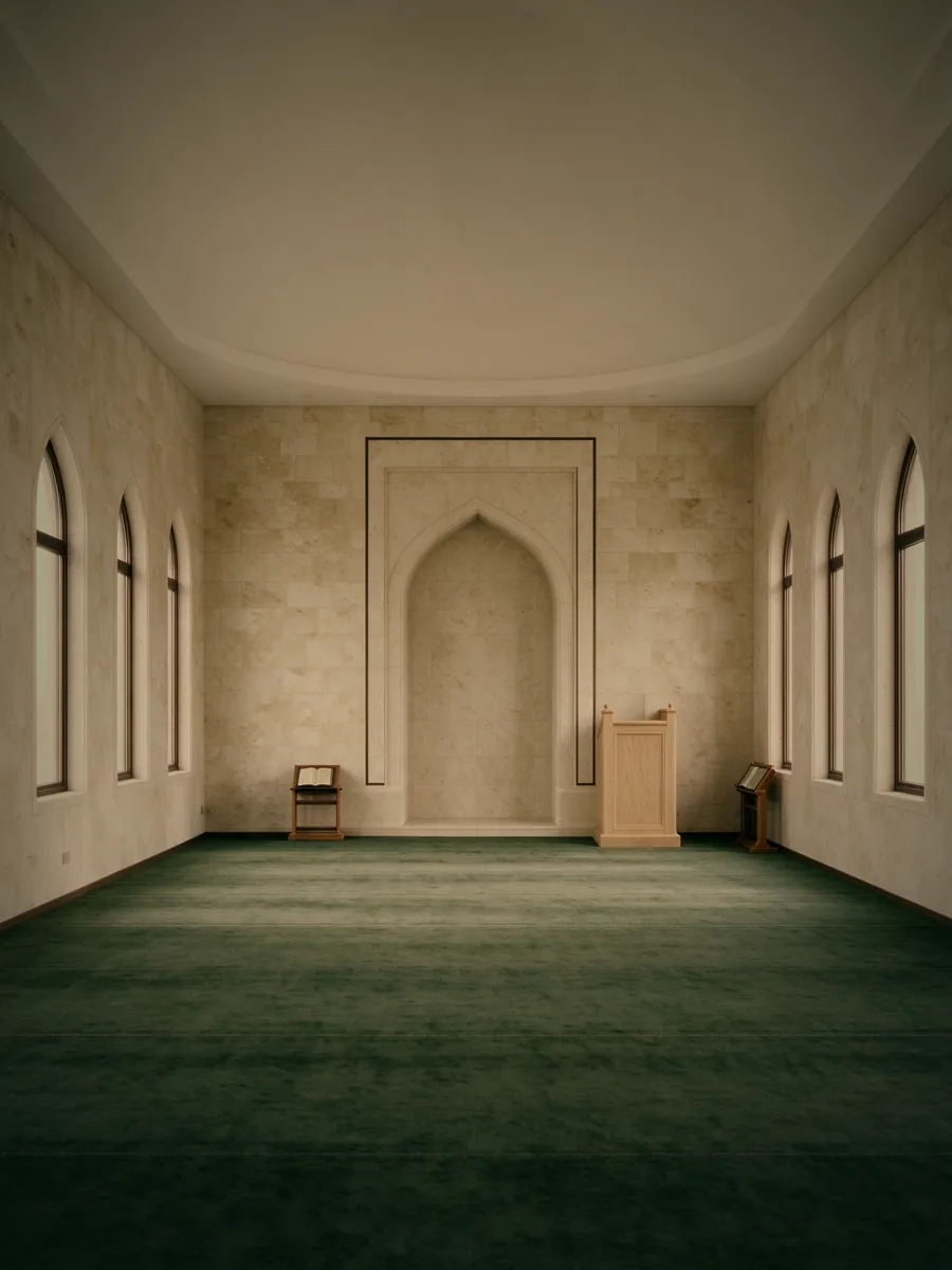 The prayer hall: limestone walls, tall arched windows on both sides, a pointed-arch mihrab with an oak minbar, and a deep green carpet marked in rows.